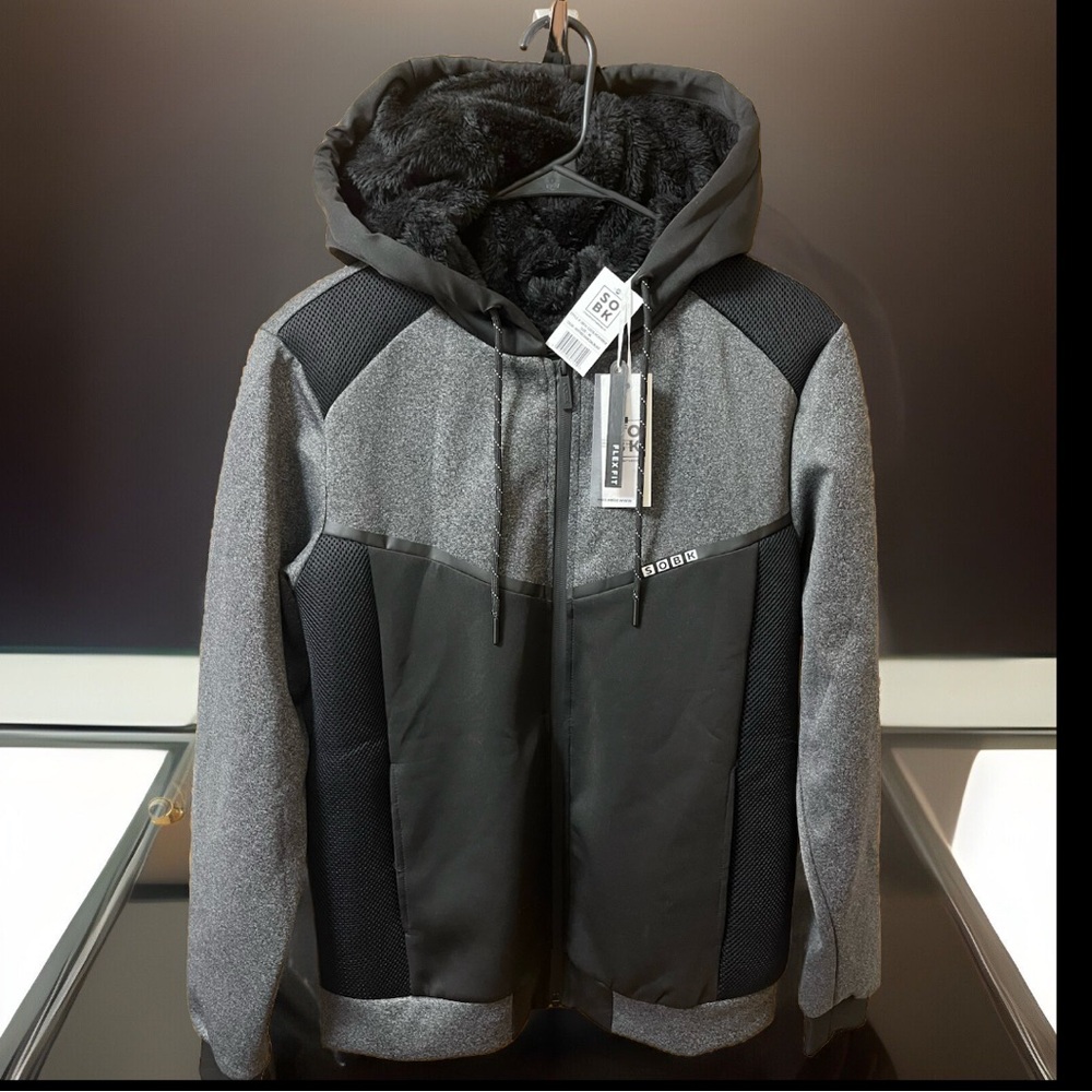 HOODED FUR INTERIOR Flex Fit Front Full Zip Up Grey & Black Heavy Jacket/Coat